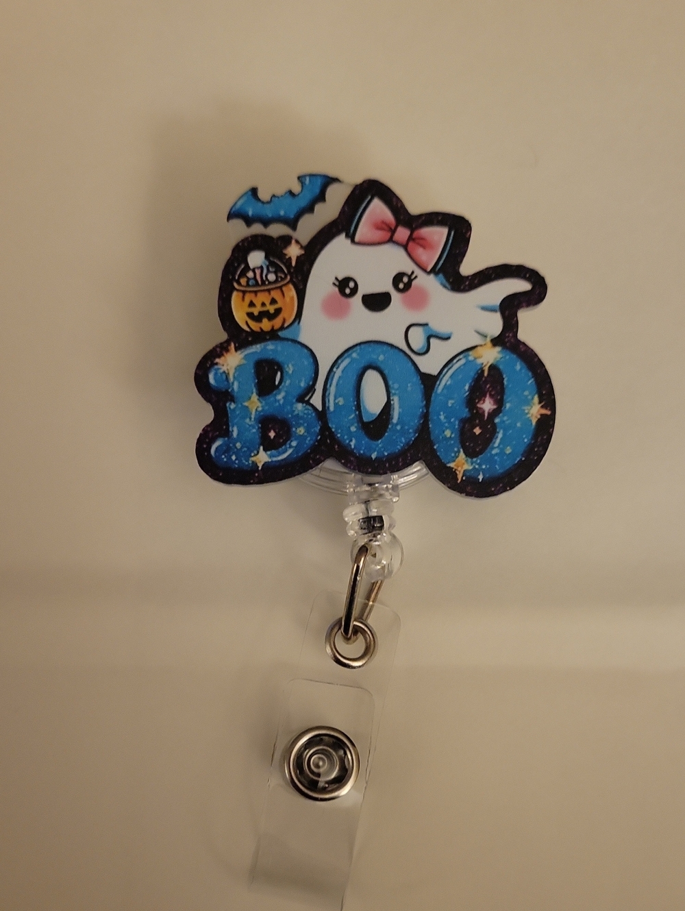 4/$25 Cute Blue 'BOO' Ghost Halloween Badge Reel